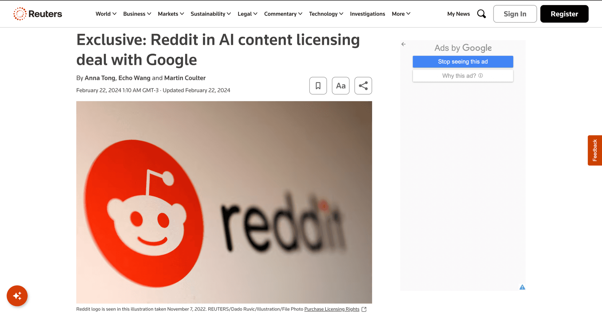Reuters article screenshot showing Reddit AI content licensing deal with Google